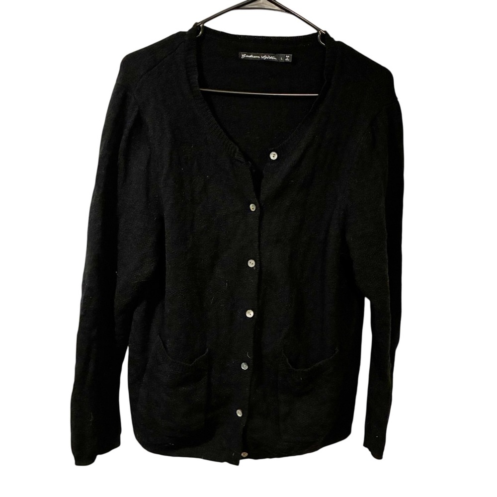 GUDRUN SJODEN Black Knit Wool Blend Button Cardigan Sweater Size Large